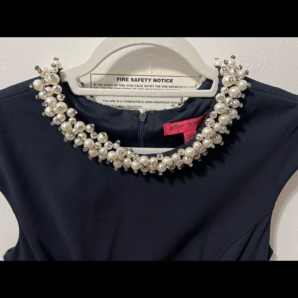 Betsey Johnson scuba crepe dress with pearl collar